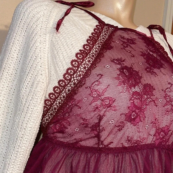 women’s night gown Large nightie top Burgundy lace sheer tie lingerie intimate - Picture 3 of 7